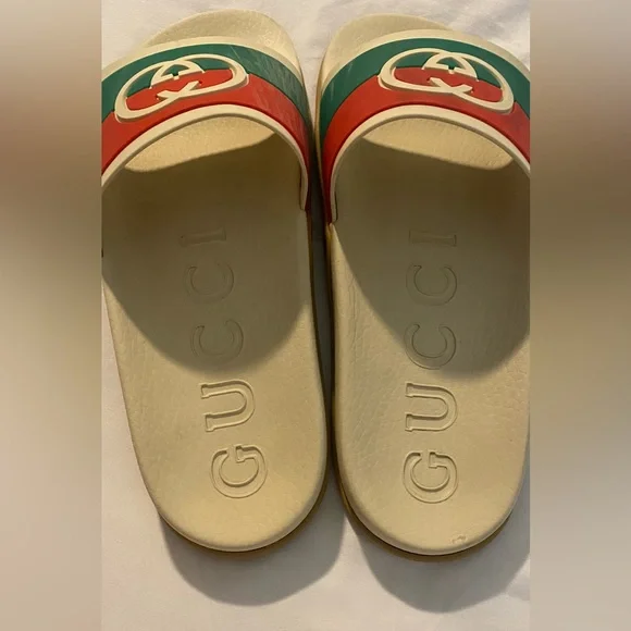 Gucci Cream Slides with Red and Green Stripes